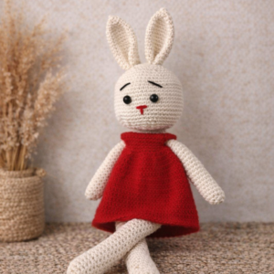 Ribat AVM Organik El Örmesi Amigurumi Tavşan – Atkılı Uyku Arkadaşı Bebek Oyuncağı Kırmızı Elbiseli